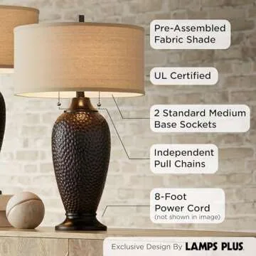 360 Lighting Cody Modern Industrial Rustic Table Lamps 26" High Set of 2 Hammered Oiled Bronze Brown Oatmeal Linen Drum Shade for Living Room Bedroom House Bedside Nightstand Home Office