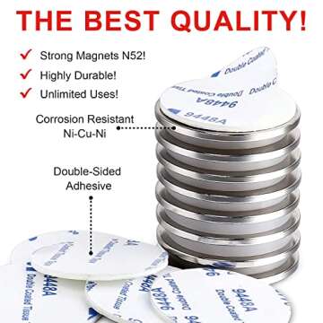 MIKEDE Strong Neodymium Disc Magnets with Double-Sided Adhesive, 8 Pack Powerful Permanent Rare Earth Magnets for Fridge, DIY, Building, Scientific, Craft, Office Magnets, 1.26 inch X 0.08 inch