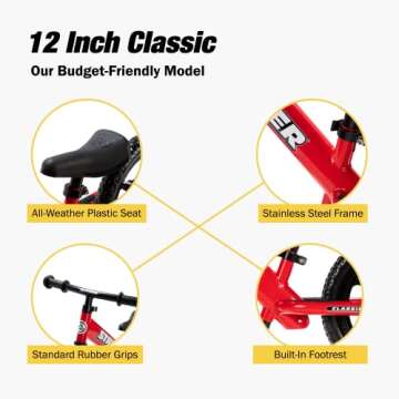 Strider 12” Classic Bike, Red - No Pedal Balance Bicycle for Kids 1 to 3 Years - Includes Built-in Footrest, Handlebar Grips & Flat-Free Tires - Tool Free Adjustments & Assembly
