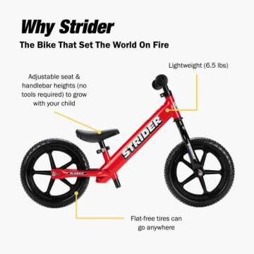 Strider 12” Classic Bike, Red - No Pedal Balance Bicycle for Kids 1 to 3 Years - Includes Built-in Footrest, Handlebar Grips & Flat-Free Tires - Tool Free Adjustments & Assembly