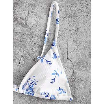 ZAFUL Ditsy Floral Printed Bikini Set Swimsuit Triangle Cheeky Thong Swimwear White