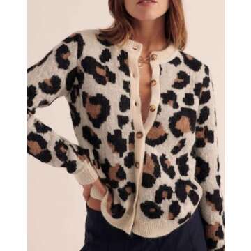 Women's Leopard Print Cardigans Open Front Button Down Long Sleeve Cheetah Print Knit Tops