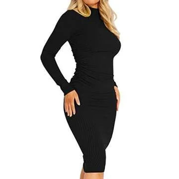 Kaximil Women's Ribbed Basic Casual Midi Dress Long Sleeve Bodycon Ruched Club Dresses, X-Large, Bla...