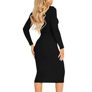 Kaximil Women's Ribbed Basic Casual Midi Dress Long Sleeve Bodycon Ruched Club Dresses, X-Large, Black Color
