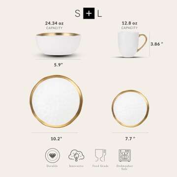 Stone Lain Modern Poreclain 16 Piece Dinnerware Set, Plates and Bowls Set, Dish set for 4, White And Golden Rim