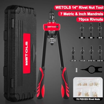 Rivet Nut Tool Kit, WETOLS 14-Inch Rivnut Tool Kit with 7 Metric and SAE Mandrels, Professional Nutsert Tool Kit with 70Pcs Rivet Nuts Assortment Kit, Manual Rivet Nut Gun with Rugged BMC Case