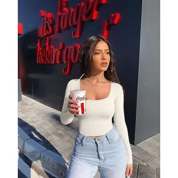 OQQ Women's 2 Piece Crop Shirt Long Sleeve Square Neck Underscrubs Stretch Fitted Layer, Black,beige, Medium