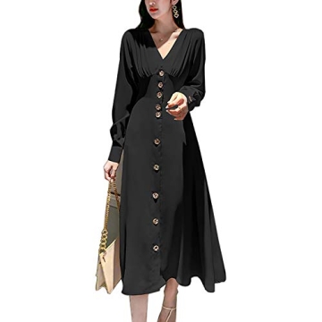 Elegant Women's V Neck Midi Button Down Skater Dress