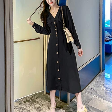 Elegant Women's V Neck Midi Button Down Skater Dress