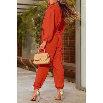 PRETTYGARDEN Women's Spring Fall Jumpsuits Casual Dressy One Piece Outfits V Neck Long Sleeve Belt Pockets Long Pants Romper (Orange,Large)