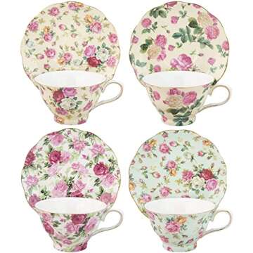 Gracie China by Coastline Imports Rose Chintz 8-Ounce Porcelain Tea Cup and Saucer, Set of 4
