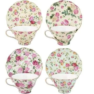 Rose Chintz Teacup and Saucer Set of 4 by Gracie China