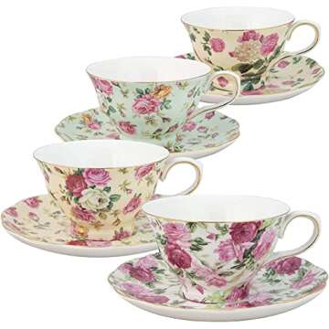Gracie China by Coastline Imports Rose Chintz 8-Ounce Porcelain Tea Cup and Saucer, Set of 4