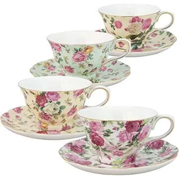 Rose Chintz Teacup and Saucer Set of 4 by Gracie China