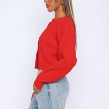 Women Y2K Button Front Crop Sweater Cardigan Solid Color Crew Neck Long Sleeve Knit Fall Tops Streetwear (Red, S)