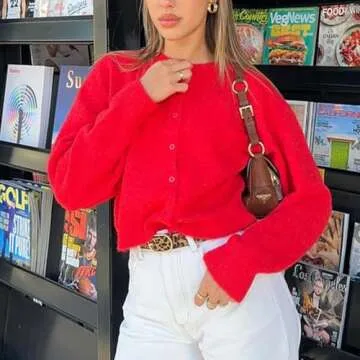 Women Y2K Button Front Crop Sweater Cardigan Solid Color Crew Neck Long Sleeve Knit Fall Tops Streetwear (Red, S)