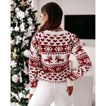 ZAFUL Women's Christmas Reindeer Xmas Snowflake Patterns Knitted Sweater Long Sleeve Elk Floral Printed Pullover White