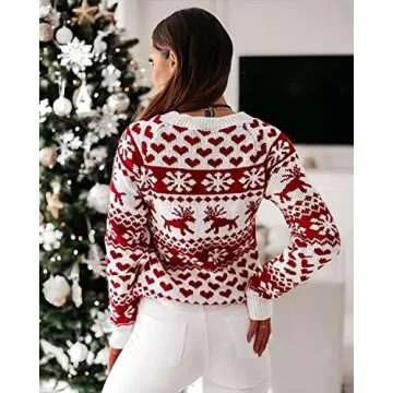 ZAFUL Women's Christmas Reindeer Xmas Snowflake Patterns Knitted Sweater Long Sleeve Elk Floral Printed Pullover White