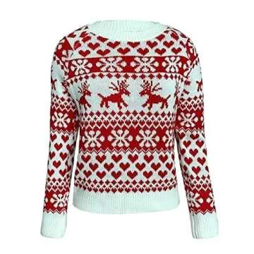 ZAFUL Women's Christmas Reindeer Xmas Snowflake Patterns Knitted Sweater Long Sleeve Elk Floral Printed Pullover White