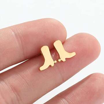 Minimalist Western Cowgirl Boots Stud Earrings for Women Stainless Steel Cowboy Boot Fancy Dress Custome Studs Earring Fashion Jewelry Gifts (Gold)
