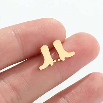 Minimalist Western Cowgirl Boots Stud Earrings for Women Stainless Steel Cowboy Boot Fancy Dress Custome Studs Earring Fashion Jewelry Gifts (Gold)