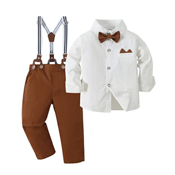 YALLET Toddler Boy Formal Outfit Suit - Dress Shirt, Bowtie, Suspender Pants