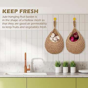 OMERAI Hanging Fruit Baskets for Kitchen 2 Pack Boho Jute Wall Hanging Fruit Basket Handwoven Teardrop Hanging Pantry Baskets for Fruits Vegetable Basket Potato Onion Storage Set of 2, Small