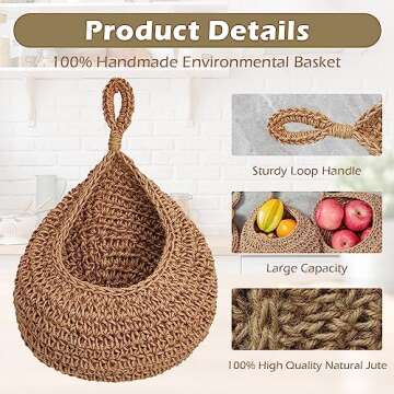 OMERAI Hanging Fruit Baskets for Kitchen 2 Pack Boho Jute Wall Hanging Fruit Basket Handwoven Teardrop Hanging Pantry Baskets for Fruits Vegetable Basket Potato Onion Storage Set of 2, Small