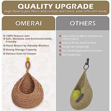 OMERAI Hanging Fruit Baskets for Kitchen 2 Pack Boho Jute Wall Hanging Fruit Basket Handwoven Teardrop Hanging Pantry Baskets for Fruits Vegetable Basket Potato Onion Storage Set of 2, Small