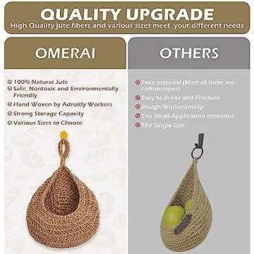 OMERAI Hanging Fruit Baskets for Kitchen 2 Pack Boho Jute Wall Hanging Fruit Basket Handwoven Teardrop Hanging Pantry Baskets for Fruits Vegetable Basket Potato Onion Storage Set of 2, Small