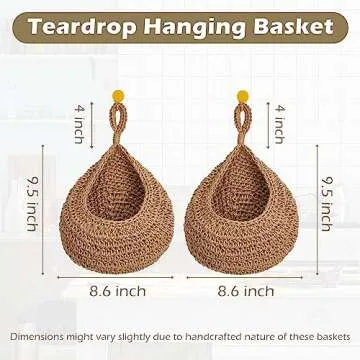 OMERAI Hanging Fruit Baskets for Kitchen 2 Pack Boho Jute Wall Hanging Fruit Basket Handwoven Teardrop Hanging Pantry Baskets for Fruits Vegetable Basket Potato Onion Storage Set of 2, Small