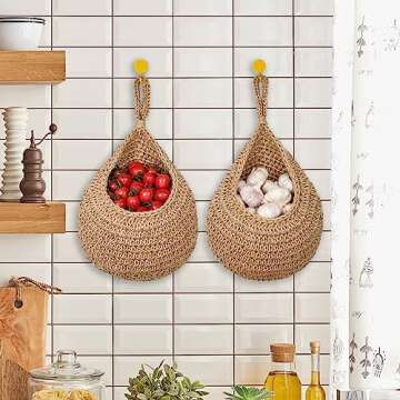 OMERAI Hanging Fruit Baskets for Kitchen 2 Pack Boho Jute Wall Hanging Fruit Basket Handwoven Teardrop Hanging Pantry Baskets for Fruits Vegetable Basket Potato Onion Storage Set of 2, Small