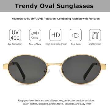 hnbliv Retro Oval Sunglasses for Women Men Small Shade UV400 Protection Trendy Glod Frame