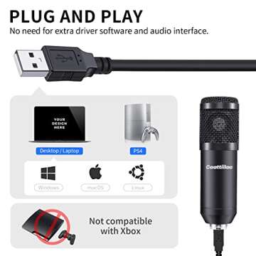 Caattiilaa - PC Streaming Podcast Microphone, for Recording, Gaming, 192KHZ/24Bit Condenser Electric USB Mic Kit with Sound Chipset Boom