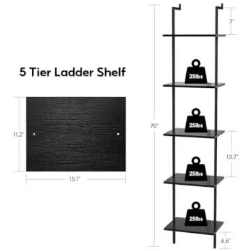 Nidouillet 5 Tier Ladder Shelf, 70-Inch Wall Mounted Ladder Bookshelf Metal Frame Storage Rack and Industrial Display Shelves for Living Room Bedroom Home Office - Black
