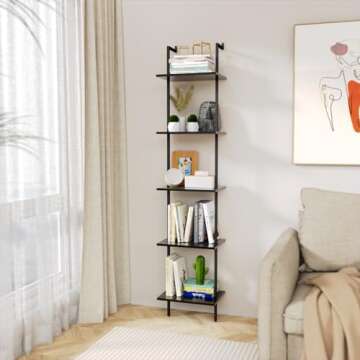 Nidouillet 5 Tier Ladder Shelf, 70-Inch Wall Mounted Ladder Bookshelf Metal Frame Storage Rack and Industrial Display Shelves for Living Room Bedroom Home Office - Black