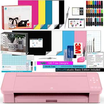 Silhouette Cameo 4 Pink Bundle with Vinyl Starter Kit, Heat Transfer Starter Kit, 2 Autoblade 2, CrafterCuts Tool Kit, 120 Designs, and Access to Ebooks, Tutorials, & Classes