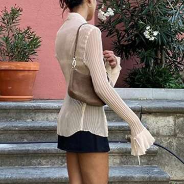 Omoone Women's Sexy Y2K See Through Shirts Button Flare Sleeve Blouse Slim Cardigan Tops(3061-Apricot-S)