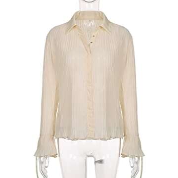 Omoone Women's Sexy Y2K See Through Shirts Button Flare Sleeve Blouse Slim Cardigan Tops(3061-Apricot-S)