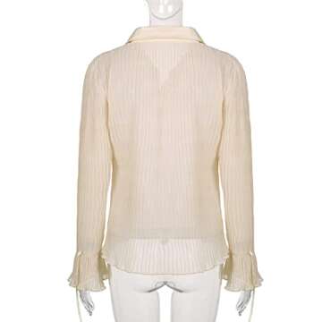 Omoone Women's Sexy Y2K See Through Shirts Button Flare Sleeve Blouse Slim Cardigan Tops(3061-Apricot-S)