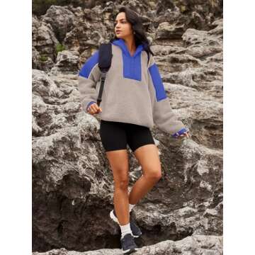 Panadila Womens Fleece Pullover Fuzzy Jacket Quarter Zip Hoodie Sherpa Sweater Oversized Cozy Sweatshirt(Light Khaki Combo,M)