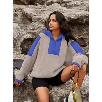 Panadila Womens Fleece Pullover Fuzzy Jacket Quarter Zip Hoodie Sherpa Sweater Oversized Cozy Sweatshirt(Light Khaki Combo,M)