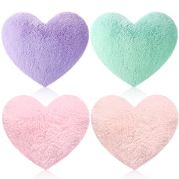 Remerry 4 Pcs Heart Shaped Cute Throw Pillows Faux Rabbit Fur - Colorful Soft Cushions for Sleepover...