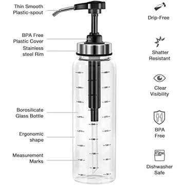 EHUNYELF Condiment Press Bottles, Coffee Syrup Pump Dispenser- No Drip, Glass Pump Dispenser 17 OZ, Dispenser Great for Ketchup, Salad, BBQ Sauce,Honey, Oyster Sauce, Oil.(2 Pack)