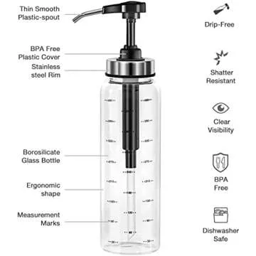 EHUNYELF Condiment Press Bottles, Coffee Syrup Pump Dispenser- No Drip, Glass Pump Dispenser 17 OZ, Dispenser Great for Ketchup, Salad, BBQ Sauce,Honey, Oyster Sauce, Oil.(2 Pack)