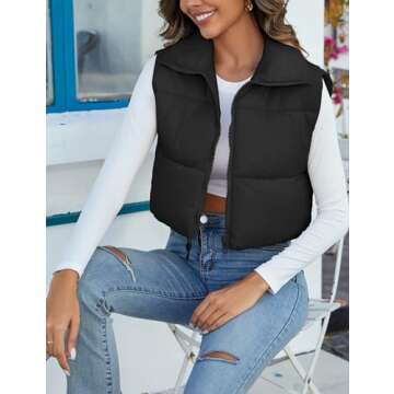 Flygo Women's Cropped Puffer Vest Zip Up Stand Collar Sleeveless Padded Bubble Vest(Black-M)