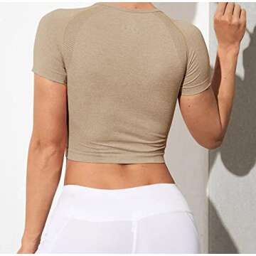 Workout Tops for Women Seamless Athletic Crop Tops Short Sleeve Cropped Tops Scoop Neck Basic Workout Shirts for Yoga,Beige