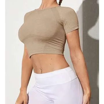 Workout Tops for Women Seamless Athletic Crop Tops Short Sleeve Cropped Tops Scoop Neck Basic Workout Shirts for Yoga,Beige