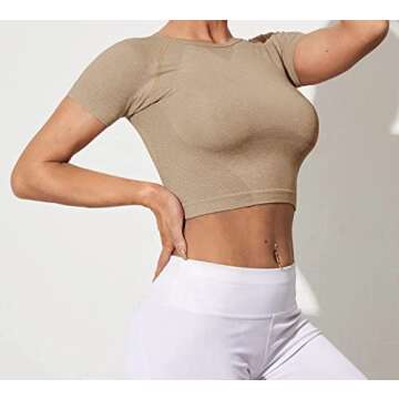 Workout Tops for Women Seamless Athletic Crop Tops Short Sleeve Cropped Tops Scoop Neck Basic Workout Shirts for Yoga,Beige