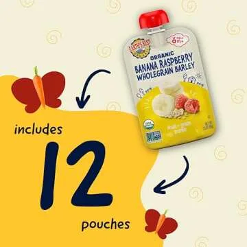 Earth's Best Organic Baby Food Pouches, Fruit and Grain Puree for Babies 6 Months and Older, Organic Banana Raspberry and Whole Grain Barley Puree, 3.5 oz Pouch (Pack of 12) (Packaging May Vary)